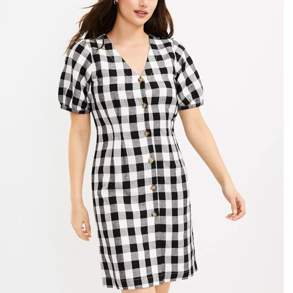 Loft petite gingham button down dress NWT